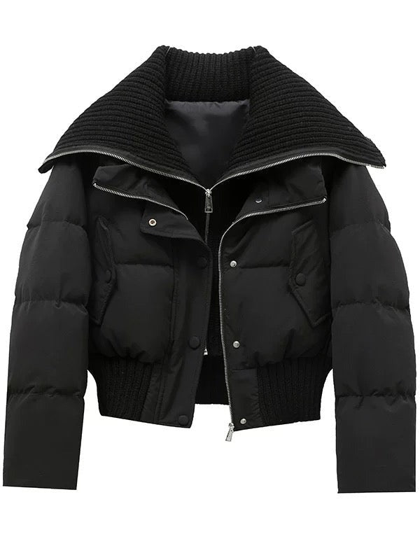Cropped puffer jacket with big knit collar in black, product photo