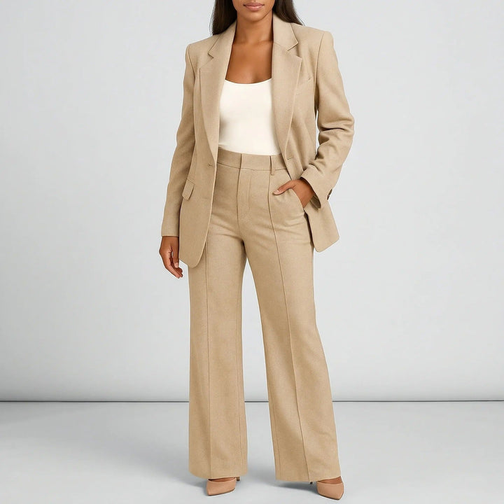Trouser suit with longline blazer and wide-leg trousers in beige, worn, front view