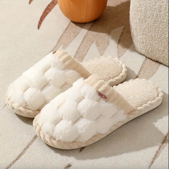 White fluffy mule slippers, pair
