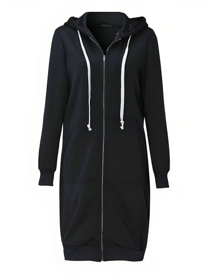Long black zip-up hoodie, zipped up, with white drawcords and a ribbed hem band | Grace Aura