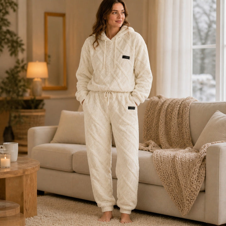 Cream textured lounge set, full-length front view