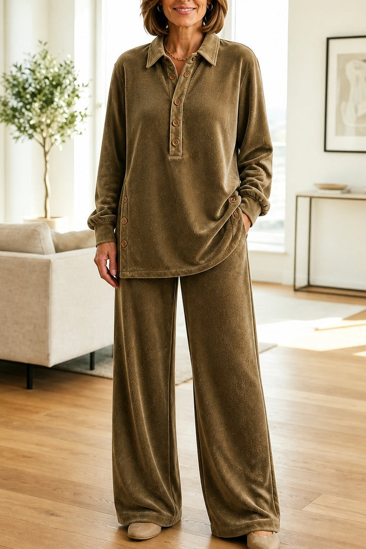 Khaki velour lounge set, front view