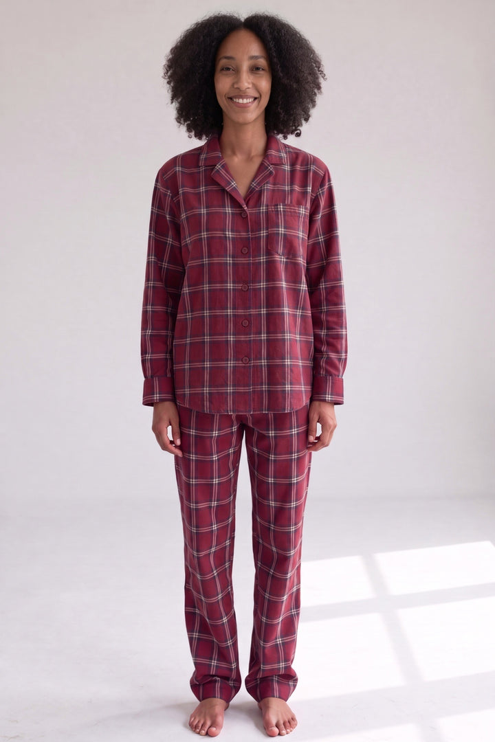 Bordeaux tartan brushed cotton pyjamas, worn, front view