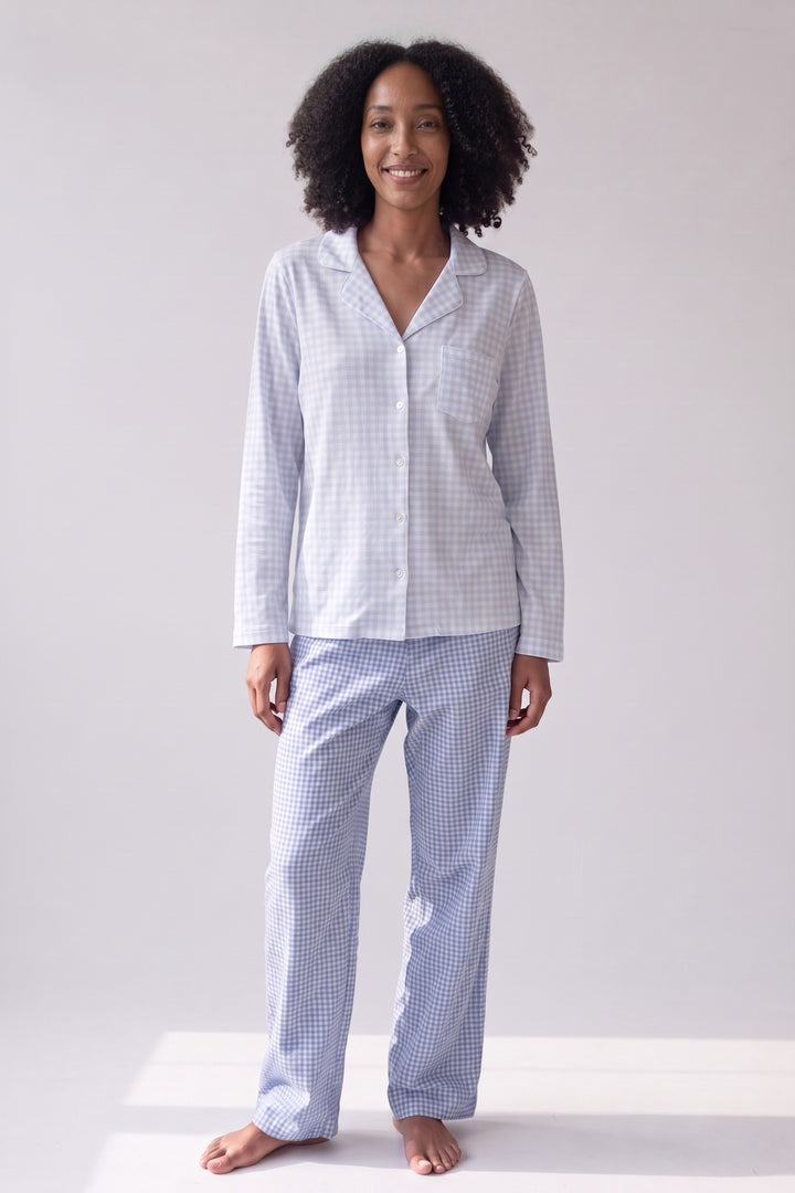Light blue gingham cotton pyjamas with wide-leg trousers, worn, front view