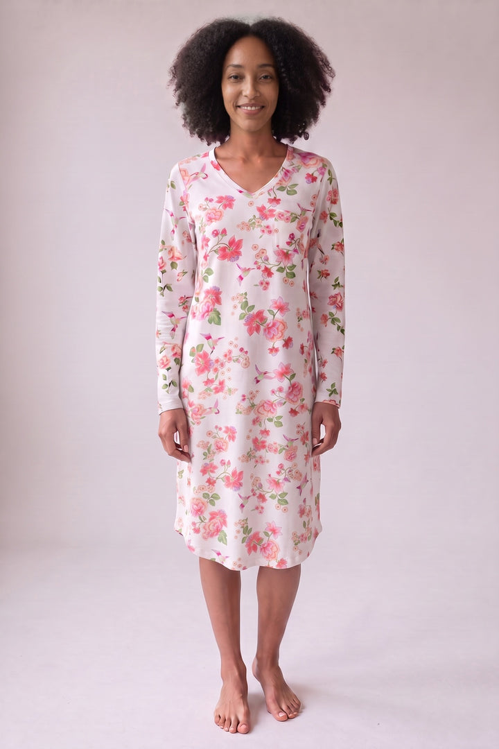 White floral long-sleeve nightshirt, worn, front view