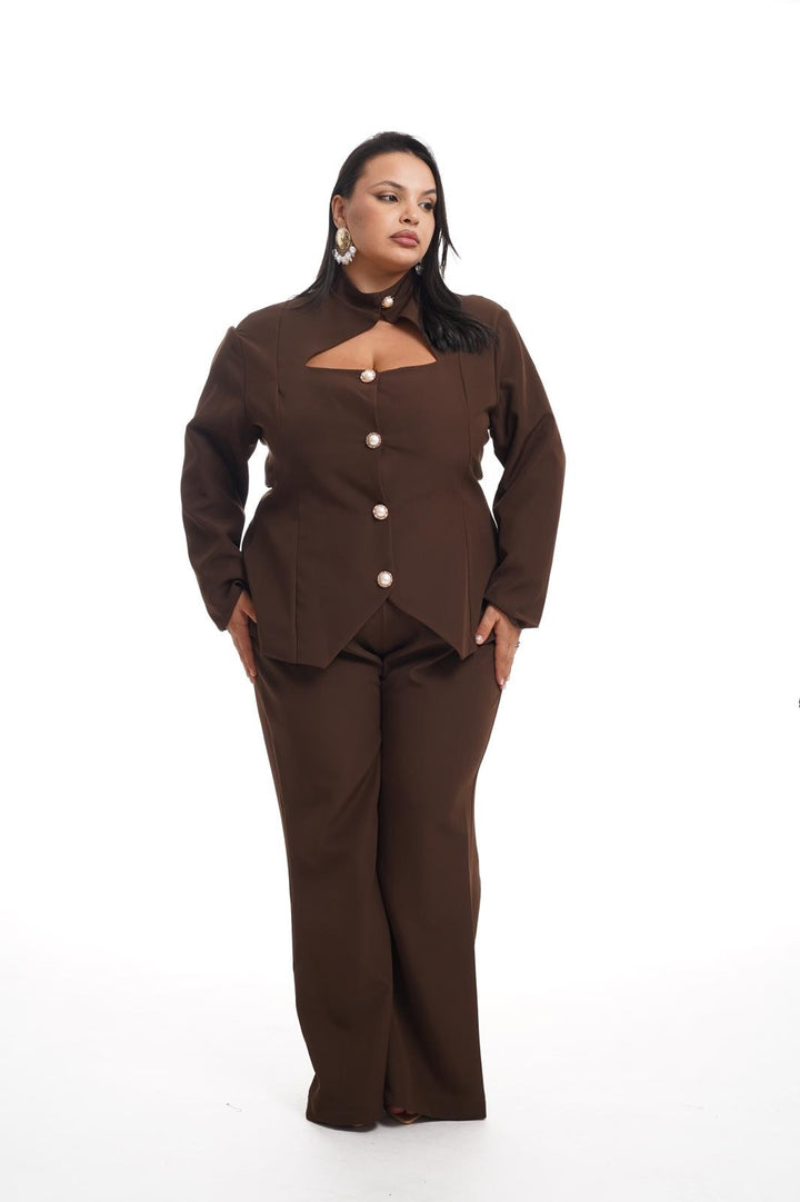 Plus size trouser suit with cut-out jacket and palazzo trousers in brown, worn, front view