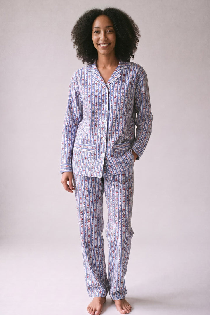Blue Alpine stripe flannel pyjamas, worn, front view