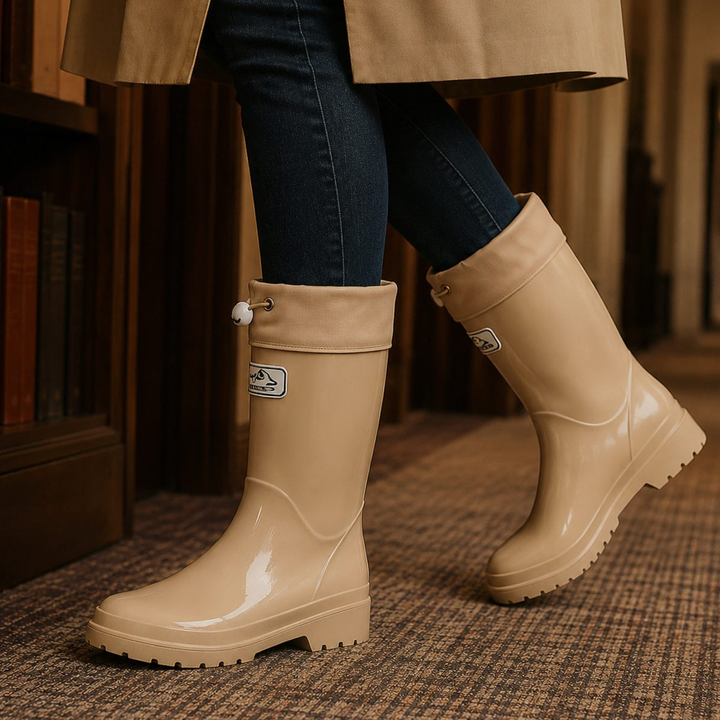 Lifestyle shot of a person in dark jeans and a beige trench coat wearing glossy beige knee-high rubber rain boots with fabric drawstring cuffs, walking on carpet in a library.