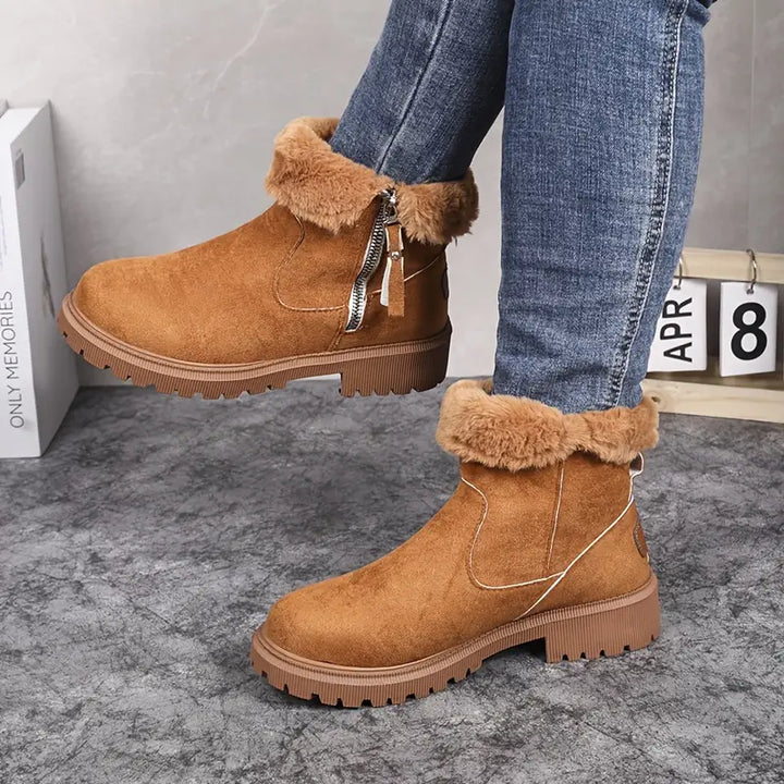 Tan suede ankle boot with fur trim, worn by person | Grace Aura