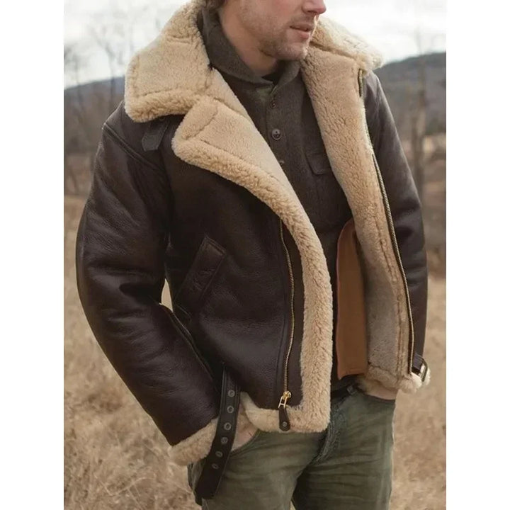 Man wearing brown shearling aviator jacket with cream fur collar outdoors | Grace Aura