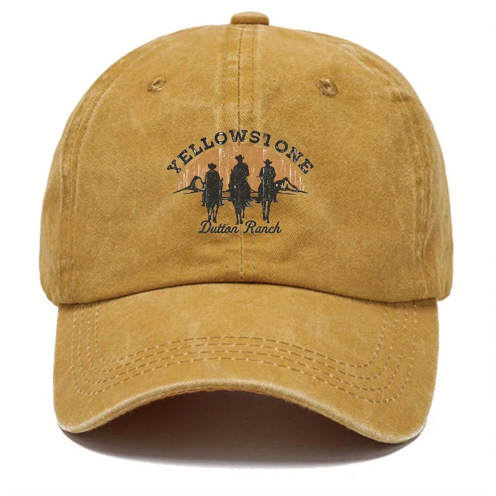 Mustard yellow washed cotton baseball cap with embroidered rider graphic, shown flat | Grace Aura