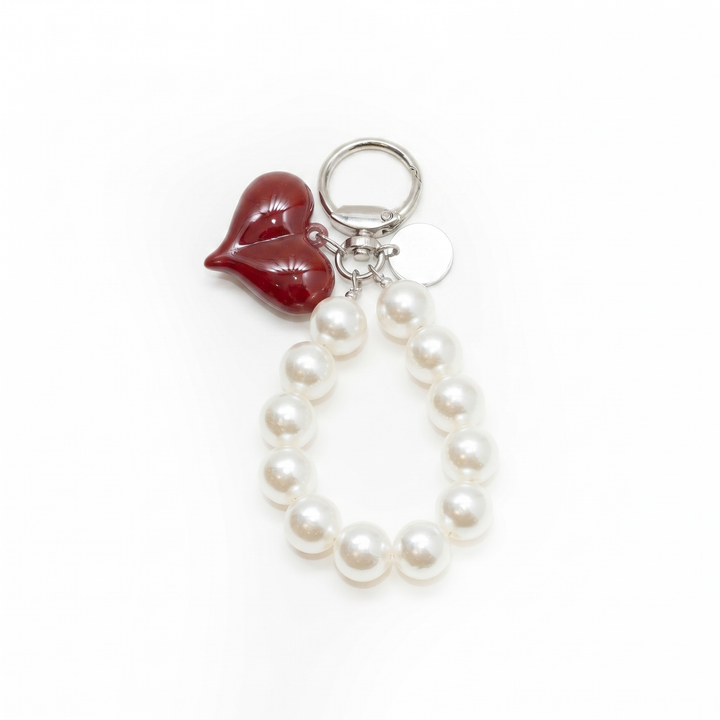 White pearl beaded keyring with red lips charm and silver clasp | Grace Aura