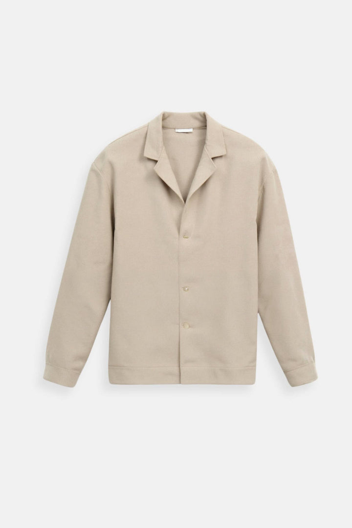 Beige lightweight blazer with camp collar and buttons, shown flat | Grace Aura