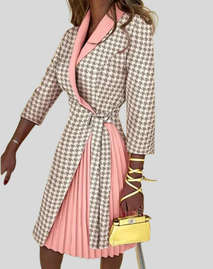 Houndstooth blazer dress with pink pleated skirt worn by model | Grace Aura