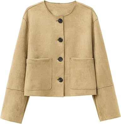 Khaki suede collarless jacket with button front, flat lay display | Grace Aura