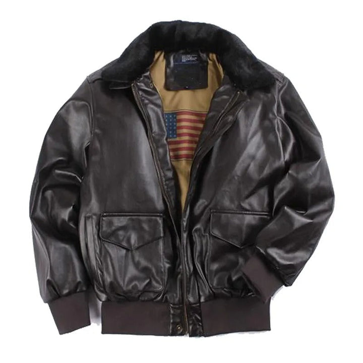 Dark brown faux leather bomber jacket with fur collar, flat lay | Grace Aura