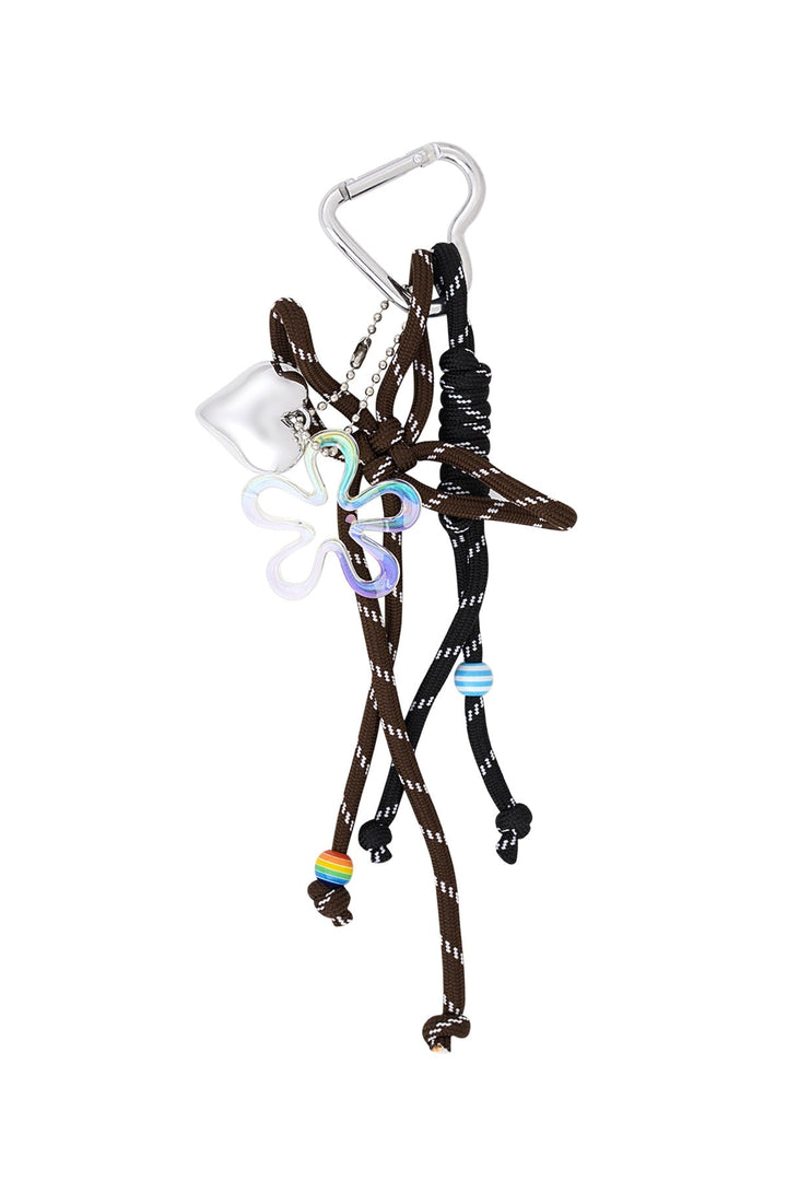 Brown braided cord bag charm with silver carabiner and colorful beads | Grace Aura
