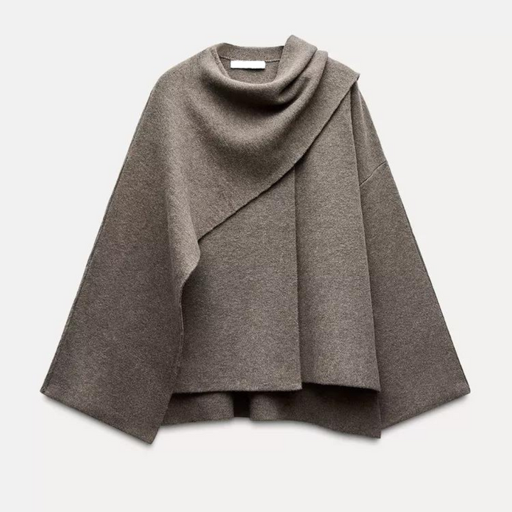Gray woolen cape coat with draped asymmetric collar, shown flat | Grace Aura