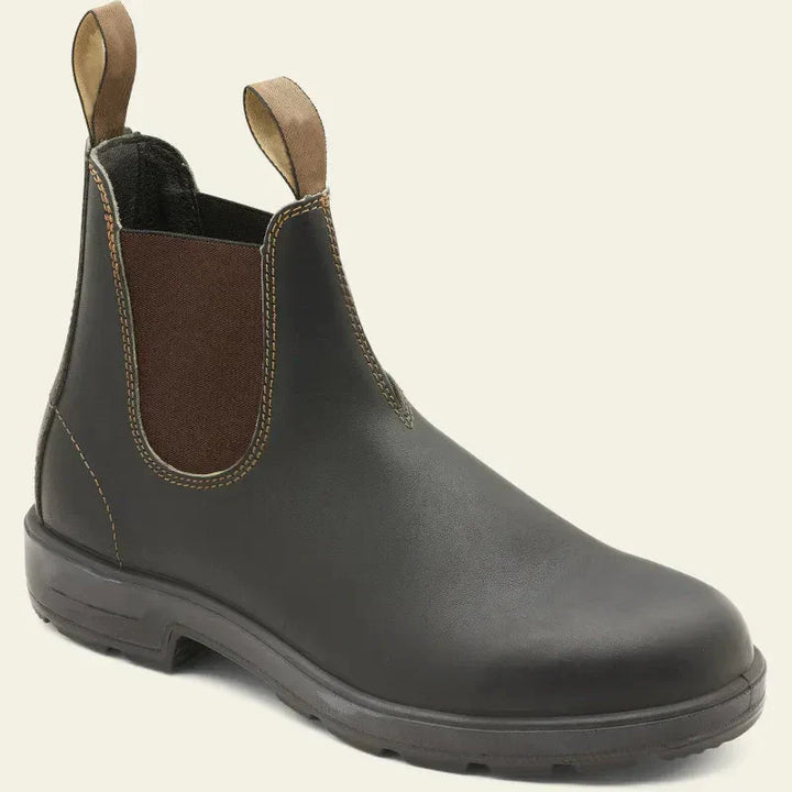 Brown leather Chelsea boot with elastic side panel, shown standing alone | Grace Aura