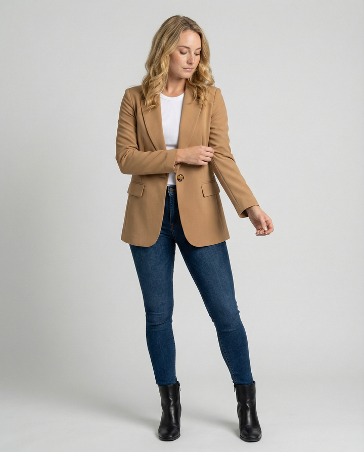 Woman wearing camel blazer with white top and blue skinny jeans | Grace Aura