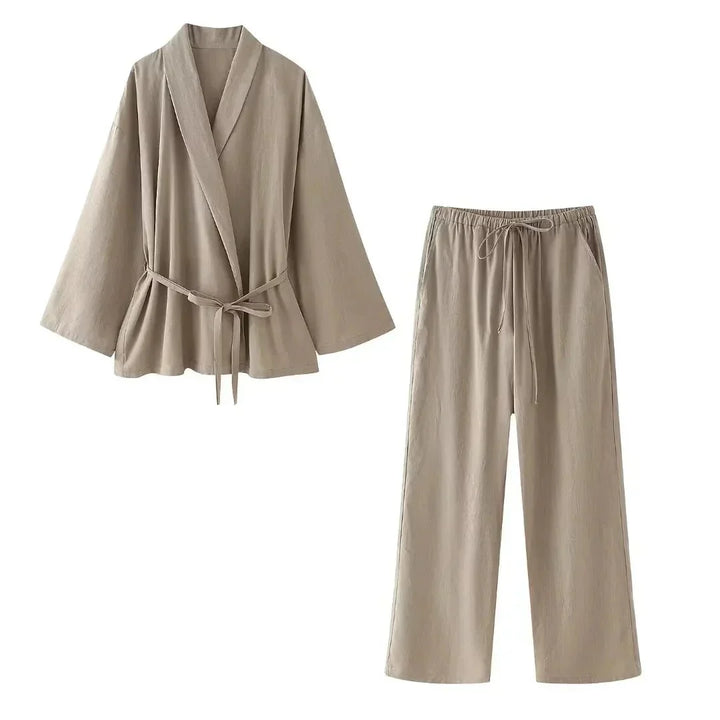 Beige linen wrap blazer and drawstring wide-leg pants set, flat lay | Grace Aura