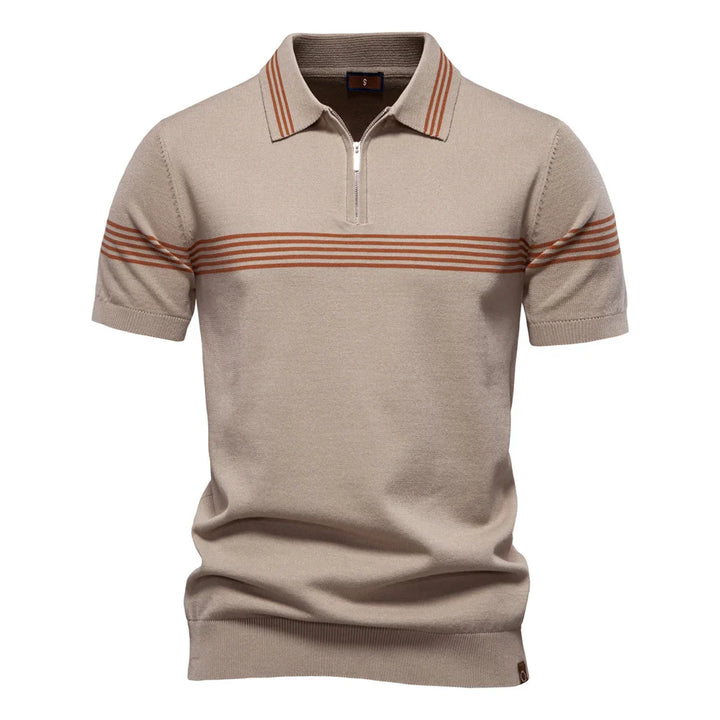 Beige quarter-zip knit polo shirt with orange chest stripes, worn by model | Grace Aura