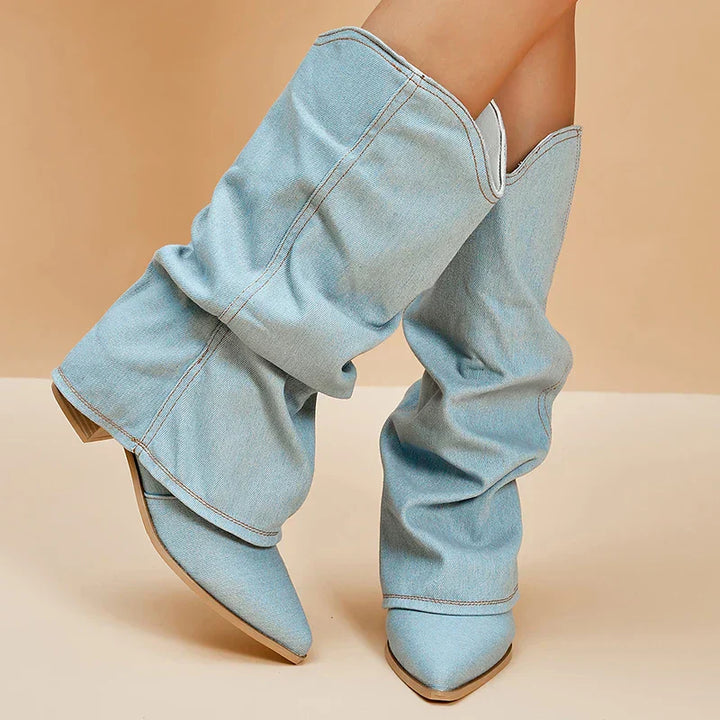 Light blue denim slouchy boots with pointed toe, worn by model | Grace Aura