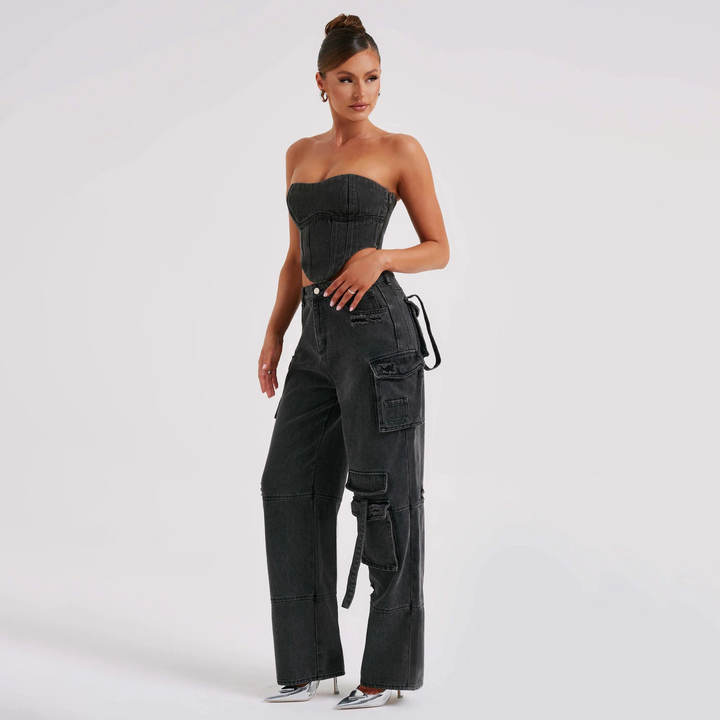 Woman wearing black denim strapless top and cargo pants set | Grace Aura