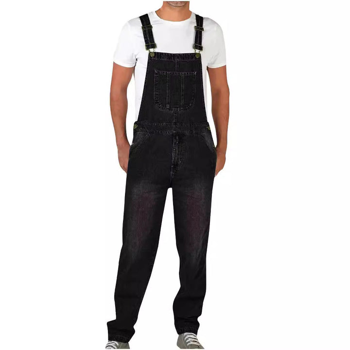 Man wearing black denim overalls with white t-shirt and sneakers | Grace Aura