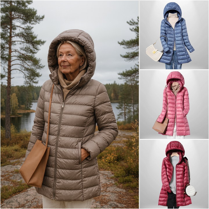 Woman wearing brown hooded puffer jacket outdoors, with color variant swatches shown | Grace Aura