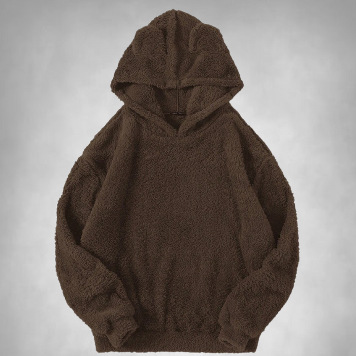 Brown fleece hoodie with pointed hood, displayed flat on gray background | Grace Aura