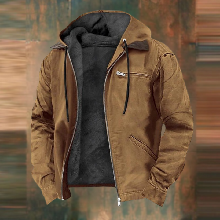 Brown fleece-lined hooded jacket with zippers, displayed unworn on mannequin | Grace Aura