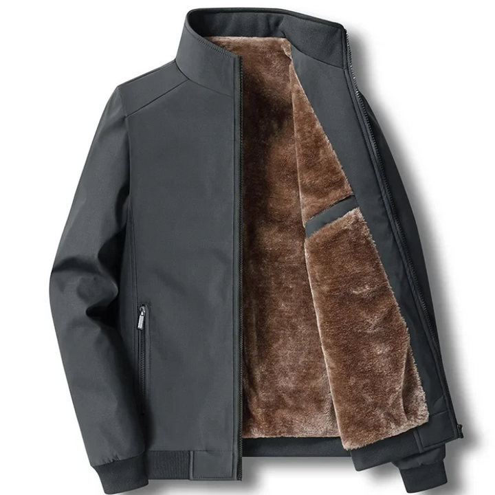 Gray zip-up jacket with brown faux fur lining, shown flat unzipped | Grace Aura