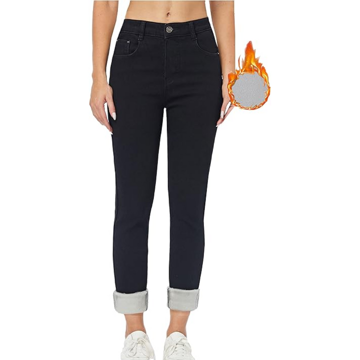 Black fleece-lined skinny jeans with cuffed hem, worn by woman, high waist | Grace Aura