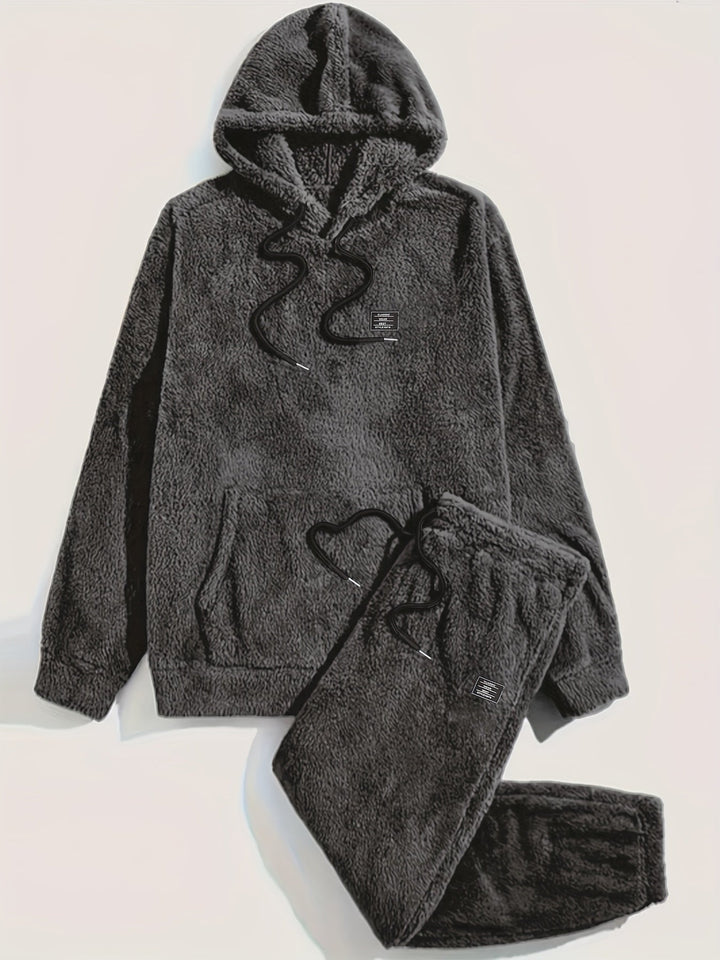 Dark gray fleece teddy hoodie and sweatpants set, laid flat | Grace Aura