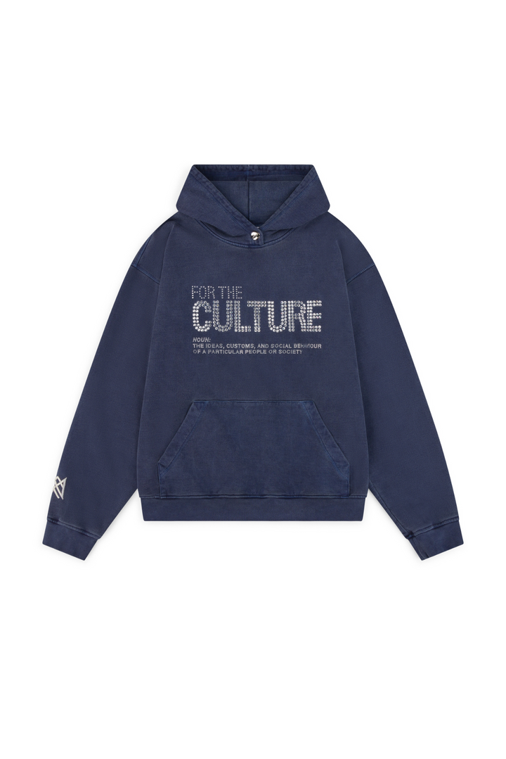 Navy blue hoodie with front pouch pocket, laid flat, drawstring hood | Grace Aura