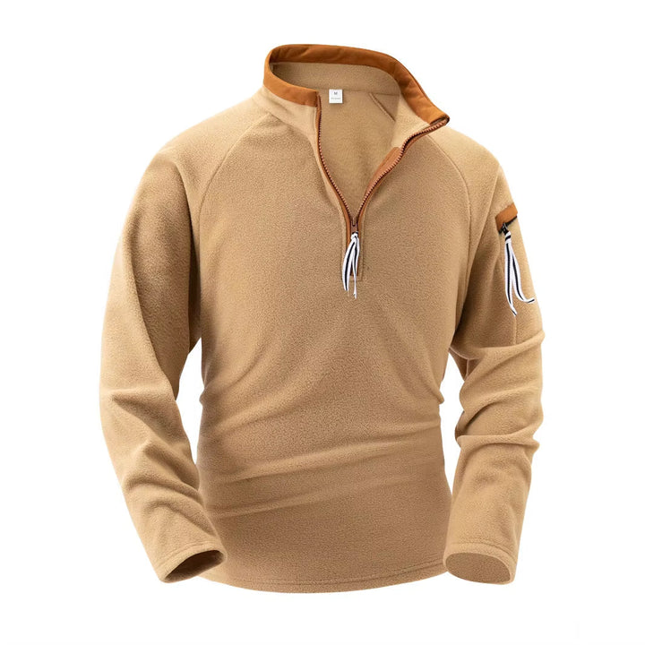 Tan fleece half-zip pullover with brown collar and zipper pull, mannequin display | Grace Aura