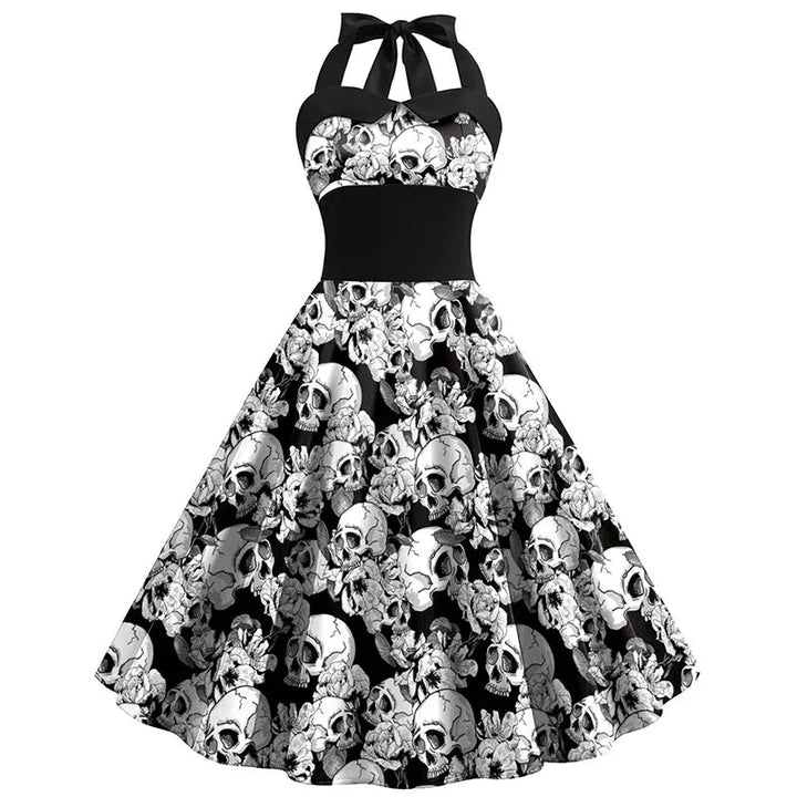 Black halloter dress with white skull print, flared skirt, worn by model | Grace Aura
