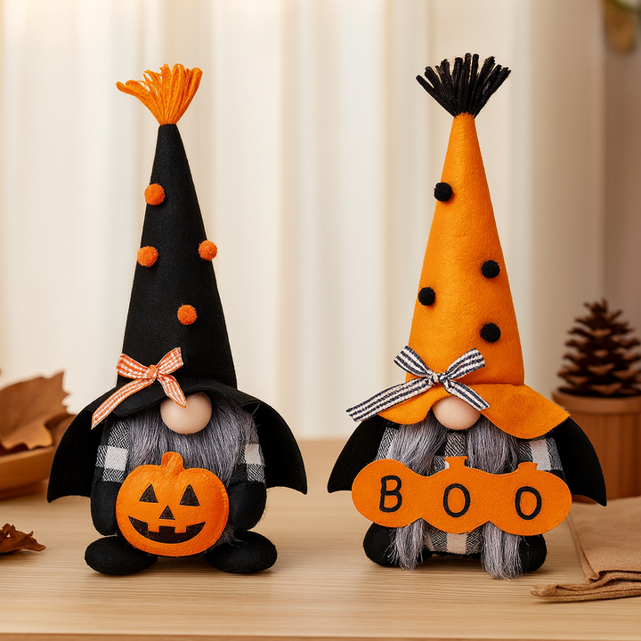 Two plush gnomes with polka-dot hats, pumpkin and sign decorations, standing | Grace Aura