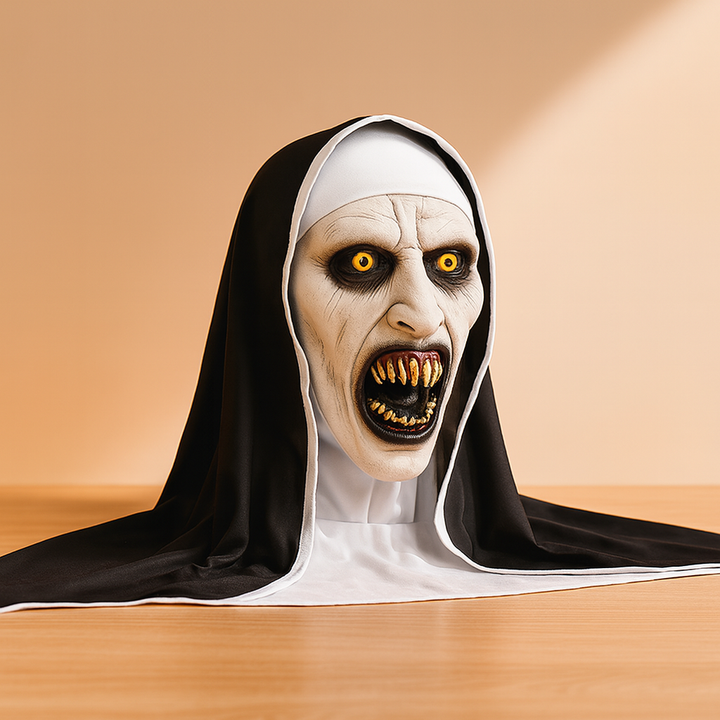 Scary nun horror mask with black white hood on tabletop | Grace Aura