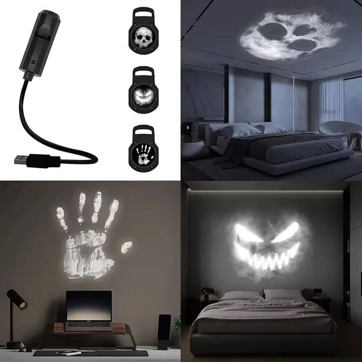 USB LED projector with skull, hand, and ghost light patterns displayed | Grace Aura