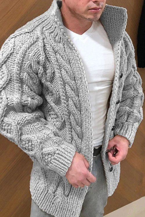Man wearing gray cable knit chunky cardigan with shawl collar | Grace Aura