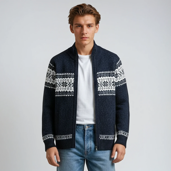 Man wearing navy zip-up cardigan with white snowflake pattern, knitted texture | Grace Aura