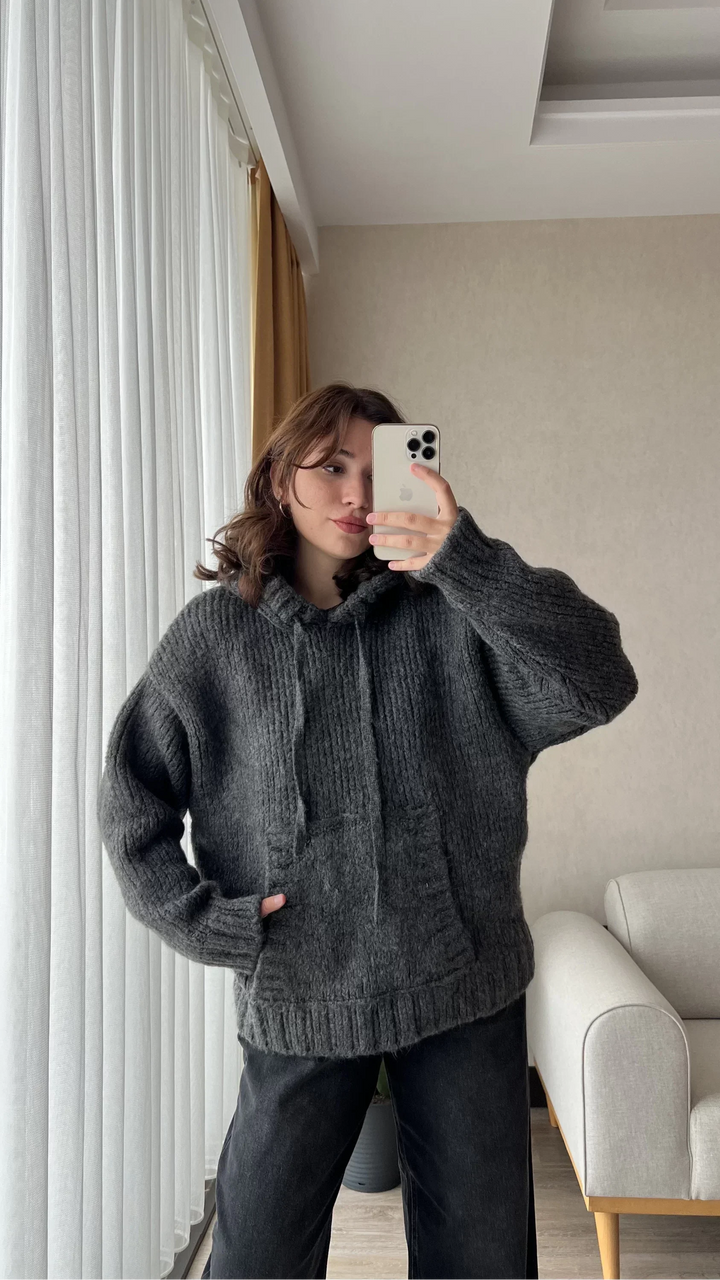 Dark gray oversized hooded knit sweater worn by woman, mirror selfie | Grace Aura
