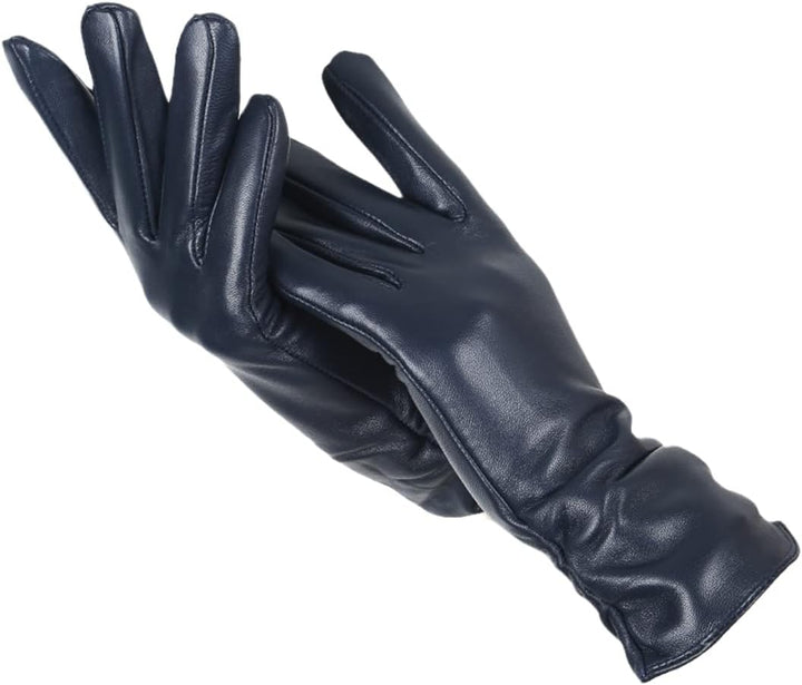 Navy blue leather gloves, one flat, one upright, plain smooth finish | Grace Aura
