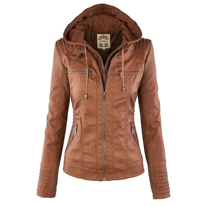 Brown hooded zip-up jacket with ribbed detailing, shown flat on display | Grace Aura