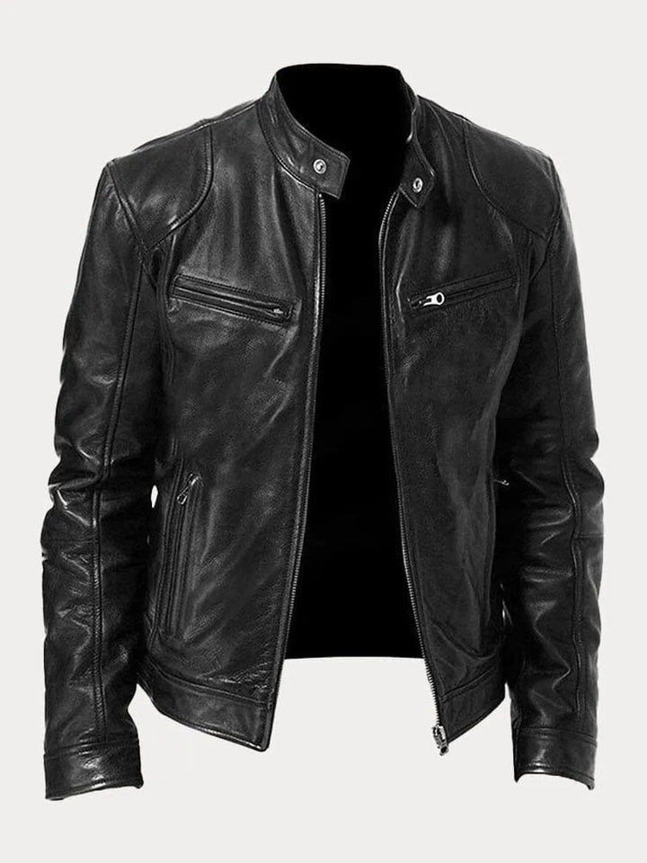 Black leather biker jacket with zip pockets, worn by mannequin torso | Grace Aura