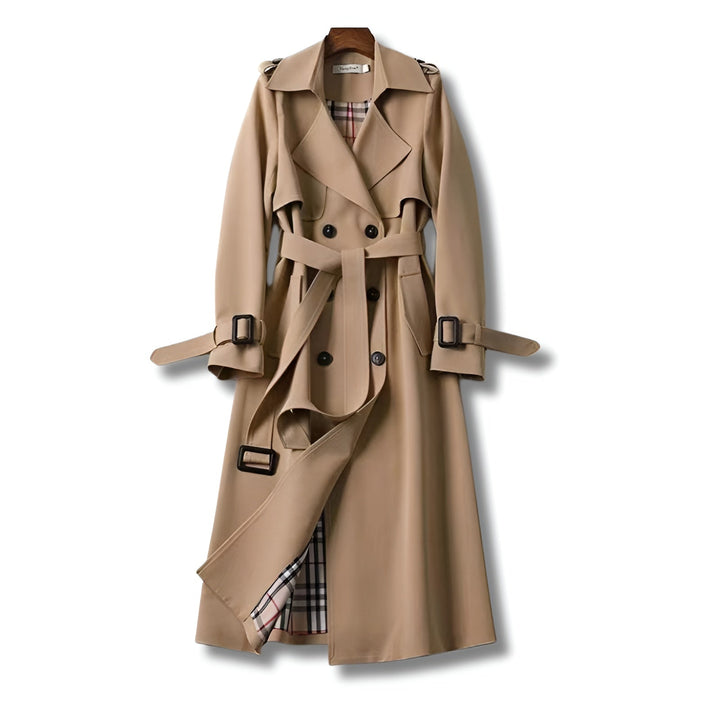 Khaki double-breasted belted trench coat with plaid lining, shown flat | Grace Aura