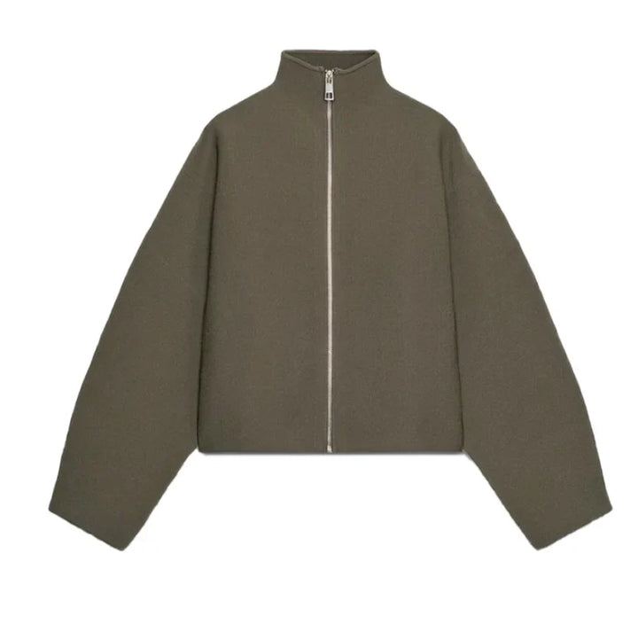 Olive green oversized zip-up cropped jacket with high collar, shown flat | Grace Aura