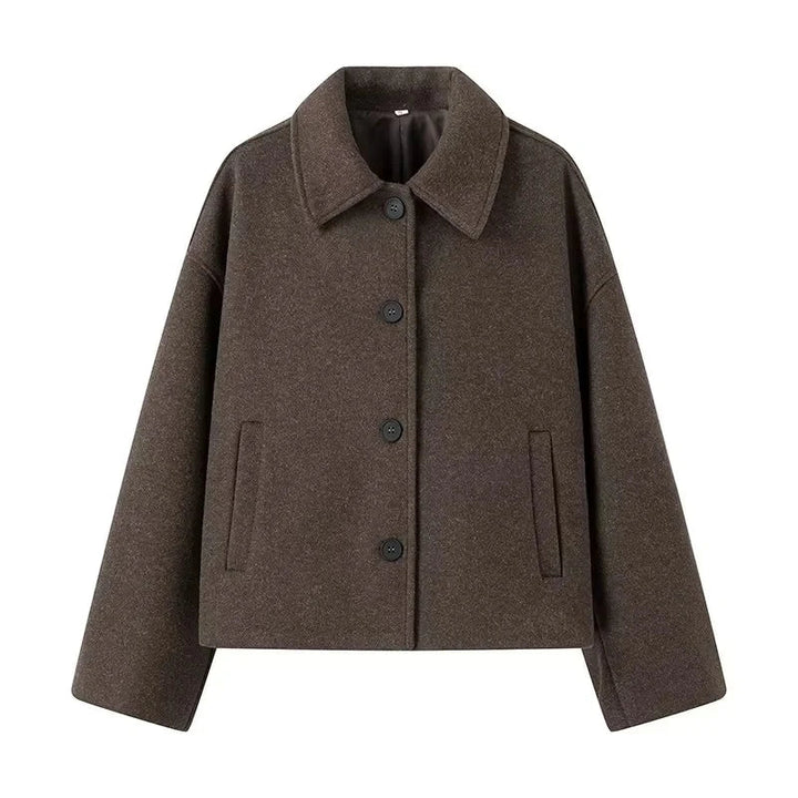 Brown wool short pea coat with collar, flat lay product shot | Grace Aura